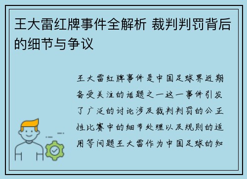 王大雷红牌事件全解析 裁判判罚背后的细节与争议